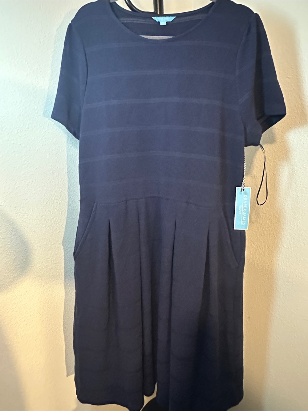 NYDJ Navy Short-Sleeve Pleated Knit Dress